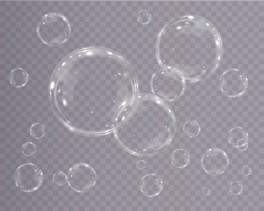Gerçekçi sabun köpükleri koleksiyonu. Kabarcıklar şeffaf bir arkaplanda yer alır. Uçan sabun köpüğü. Kabarcık PNG Su cam kabarcığı gerçekçi png