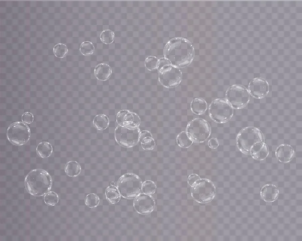Insamling Realistiska Såpbubblor Bubblor Ligger Transparent Bakgrund Vektor Flygande Såpbubbla — Stock vektor