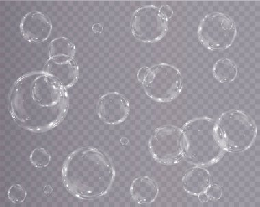 Gerçekçi sabun köpükleri koleksiyonu. Kabarcıklar şeffaf bir arkaplanda yer alır. Uçan sabun köpüğü. Kabarcık PNG Su cam kabarcığı gerçekçi png