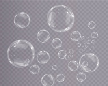 Gerçekçi sabun köpükleri koleksiyonu. Kabarcıklar şeffaf bir arkaplanda yer alır. Uçan sabun köpüğü. Kabarcık PNG Su cam kabarcığı gerçekçi png