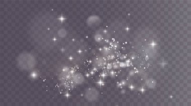 Noel arkaplanı. Toz PNG. Sihirli beyaz toz. Güzel, parlak toz parçacıkları hafifçe düşer. Muhteşem ışıltı efekti. Vektör illüstratörü.