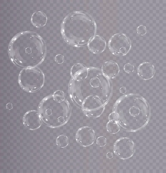 Colección Burbujas Jabón Realistas Las Burbujas Encuentran Sobre Fondo Transparente — Archivo Imágenes Vectoriales