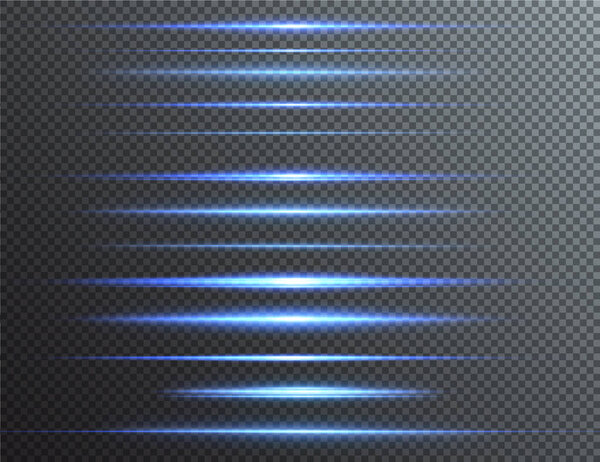 Блеск синих линз. Лазерные лучи, горизонтальные лучи света. Красивые световые вспышки. Светящиеся полосы на темном фоне. Эффект синей линии. - Да. Векторная иллюстрация