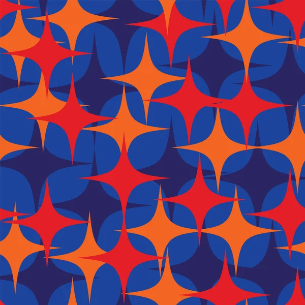 Векторный бесшовный рисунок с четырьмя угловыми звёздами на синем фоне — стоковый вектор