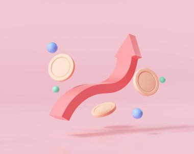 3 boyutlu büyüme grafiği, madeni paraların yatırım simgesi, yükselen borsa grafiği. 3d resimleme