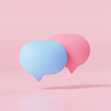 Pembe arka planda 3D mavi ve pembe renkli konuşma balonu. Uçan konuşma balonu ikonu. 3d resimleme