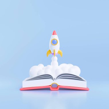 Üç boyutlu roket fırlatması bir kitap arkaplanının üstüne uzay gemisi ikonu, eğitim ve okul konseptine dönüş. 3d resimleme