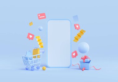 Çevrimiçi alışveriş konsepti, uçan nesnelerle telefon, sürpriz kutu ve alışveriş arabası. 3d resimleme