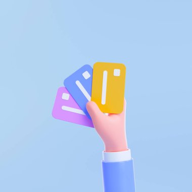 3D Handhold üç farklı kredi kartı, kart ödemesi, kredi kartı kabul, nakitsiz toplum konsepti. 3d resimleme