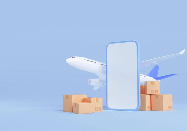 3D物流サービスアプリケーションコンセプト グローバル物流ネットワーク 飛行機 スマートフォン 青の背景に包装 3Dレンダリング図 — ストック写真