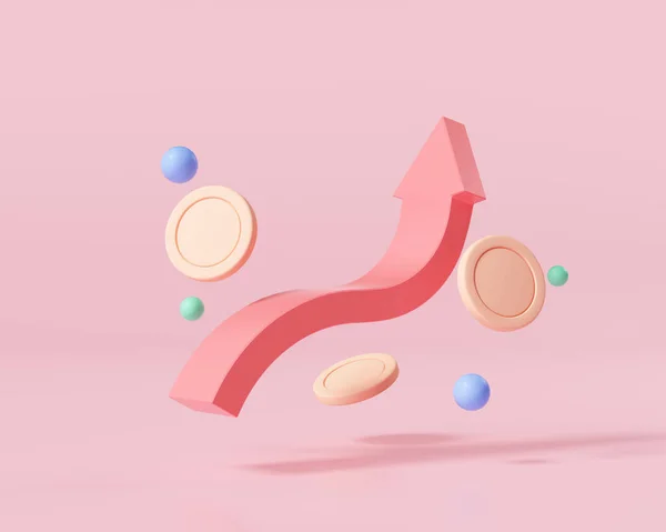 3 boyutlu büyüme grafiği, madeni paraların yatırım simgesi, yükselen borsa grafiği. 3d resimleme