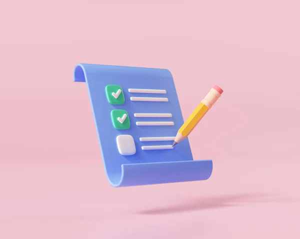 Pembe arka planda 3D pano ve kalem, not defteri simgesi. 3d resimleme.