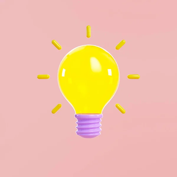 3D Light bulb icon, yellow lamp bulb turns on symbol. 3d render illustration