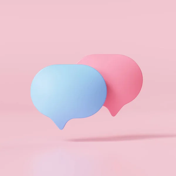 Pembe arka planda 3D mavi ve pembe renkli konuşma balonu. Uçan konuşma balonu ikonu. 3d resimleme