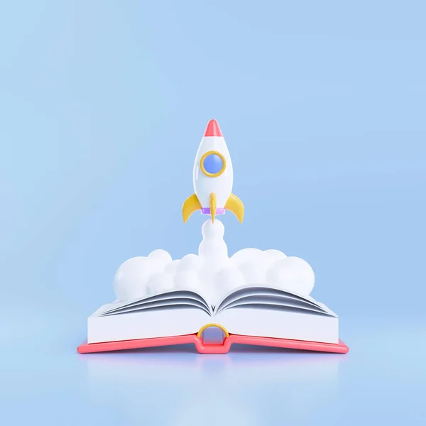 3D Rocket launch on top of a book background, Spaceship icon, education, and back to school concept. 3d render illustration