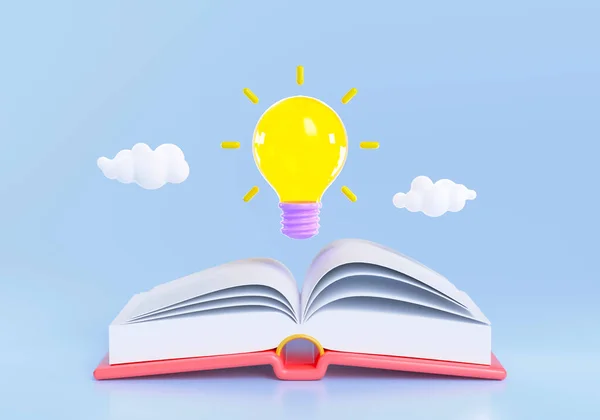 3D輝く電球が飛んで開いて本を開き 本のコンセプトを読むことから賢くインテリジェントな取得します 3Dレンダリング図 — ストック写真