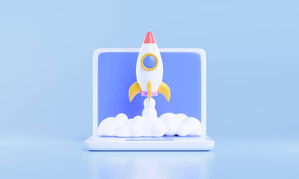 Rocket Launch Laptop Flying Rocket Icon Business Startup Project Concept Stock Photo
