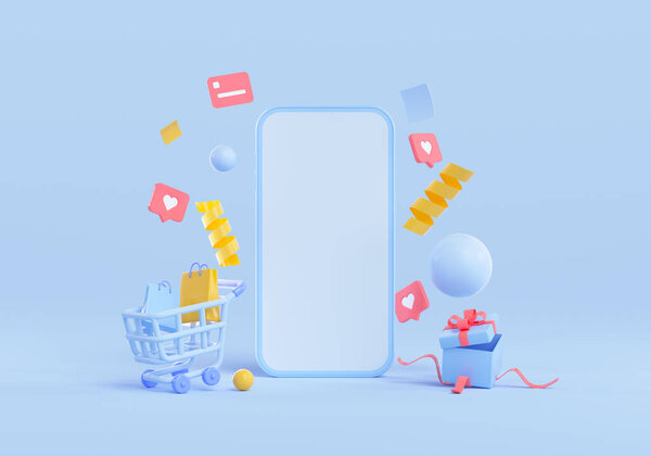 Online Shopping Concept Phone Floating Objects Surprise Box Shopping Cart Stock Image