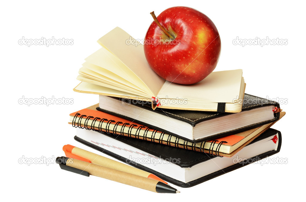Notebooks, pens and apple