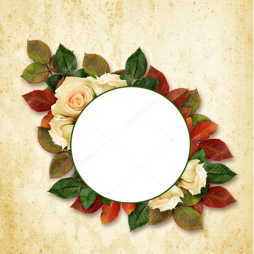 Round frame with colorful leaves and rose flowers 