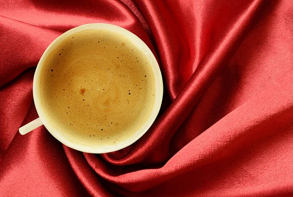 Cup Coffee Folded Red Silk Textile Background — Stock Photo, Image