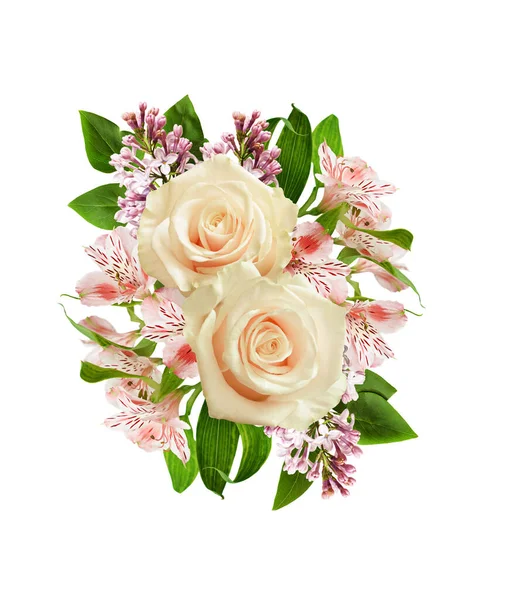 White Roses Alstroemeria Lilac Flowers Festive Arrangement Isolated White Flat — Stock Photo, Image