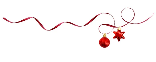 Red Silk Ribbon Christmas Decorations Isolated White Background — Stock Photo, Image