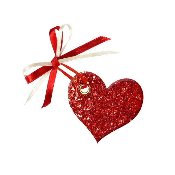 Silk Ribbon Bow Glitter Heart Isolated White Concept Valentine Day — 图库照片