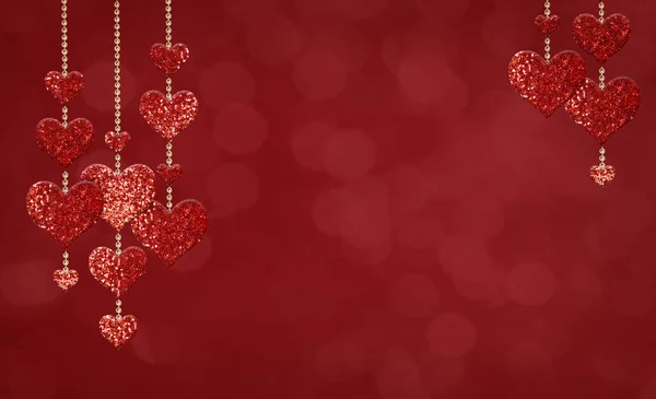 Glitter Decorazioni Forma Cuore San Valentino Sfondo Rosso Vacanza Bokeh — Foto Stock