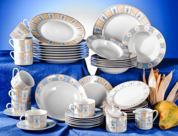 Complete Tableware Blue Background — Stock Photo, Image