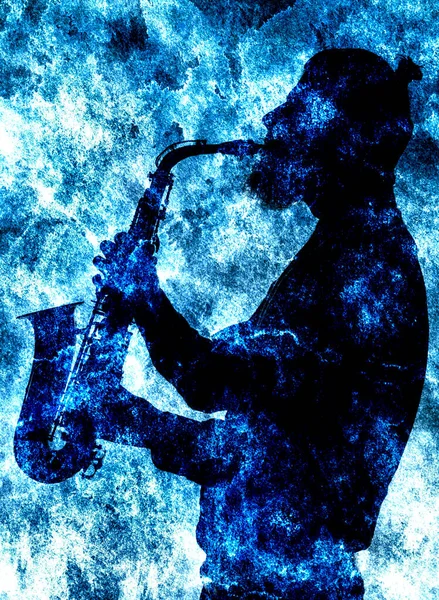 Niebieska Ilustracja Gry Saksofonisty — Zdjęcie stockowe