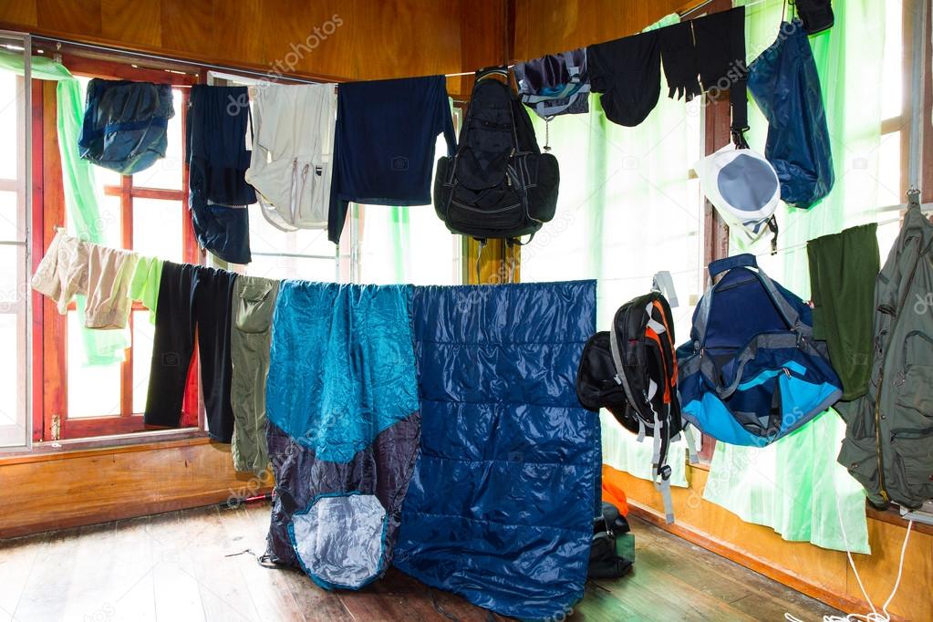 Hanging wet clothes and camping equipments