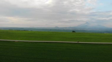 Hava aracı görüntüsü: tarımsal tarlalar ve yeşil kırsal alanlar arasında giden araba, aracı takip eden insansız hava aracı.