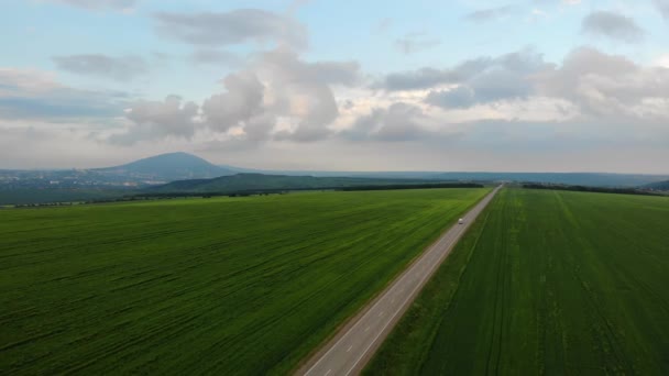 高速道路上の航空便車でそれを運転しています。緑の畑の間の道路の美しい風景。遠くへ行く道は — ストック動画