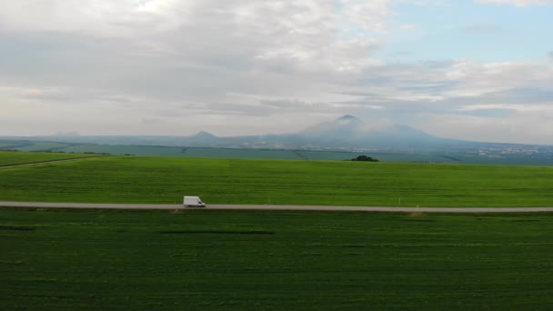 Widok z lotu drona: Biała ciężarówka jedzie autostradą międzymiastową do klienta przez malownicze pola rolnicze w letni słoneczny dzień. Dostawa i logistyka towarów, ruch z lotu ptaka — Wideo stockowe