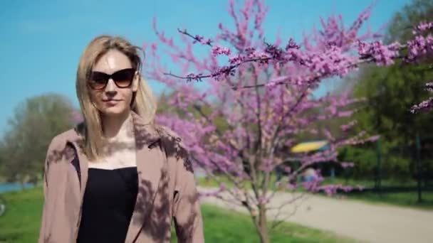 Güzel genç bir kadın bir bahar parkında yürüyor ve sakura çiçeklerine hayran.. — Stok video