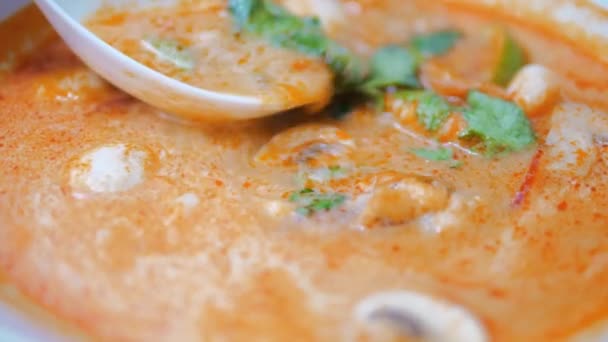 Vedere aproape de o supă delicioasă bogată, cu creveți și fructe de mare. Tom Yum - mâncăruri asiatice. — Videoclip de stoc