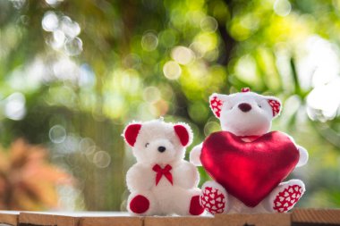 Küçük beyaz ayı sevgililer günü hediyesi olarak kırmızı kalbi tutuyor..