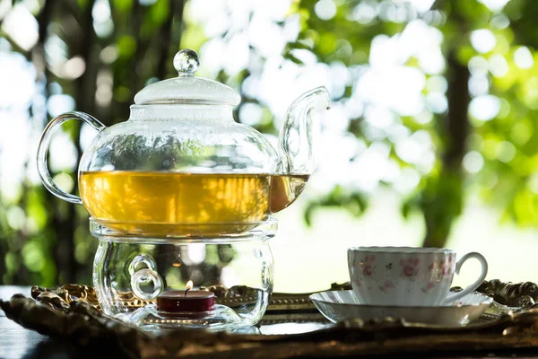 Горячий Чай Чайнике Чашка Чая Красивом Подносе — стоковое фото