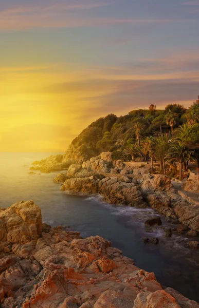 Soluppgång på en strand som är full av stenar — Stockfoto