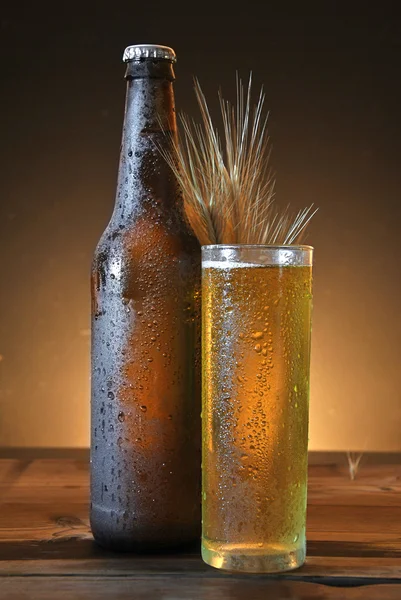 Copo e garrafa de cerveja gelada — Fotografia de Stock