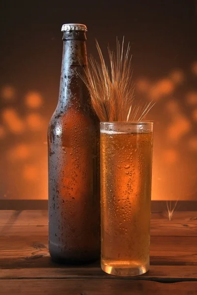 Copo e garrafa de cerveja gelada — Fotografia de Stock