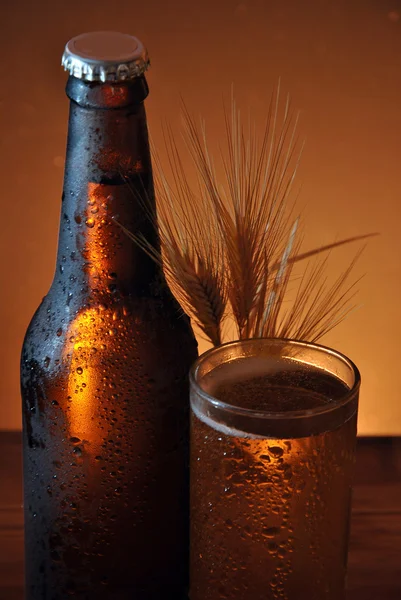 Copo e garrafa de cerveja gelada — Fotografia de Stock