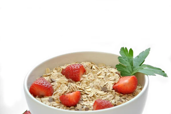 Bowl of cereal with milk and strawberries — Stock Photo, Image