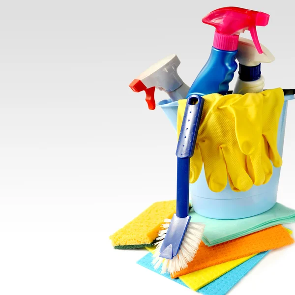 House Cleaning Equipment And Supplies In Bucket - Isolated Stock Photo,  Picture and Royalty Free Image. Image 93557670.