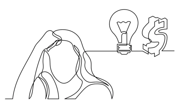 Una Línea Dibujo Mujer Pensando Resolver Problemas Encontrar Soluciones — Vector de stock