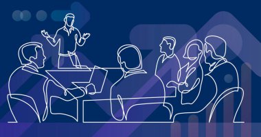 Çeşitli ofis çalışanları toplantı odasında sunucu hoparlörüne sürekli çizim yaparken sorular soruyorlar.