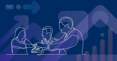 Üç gülümseyen ofis çalışanı takım halinde el ele tutuşup çizgiyi çekiyorlar.