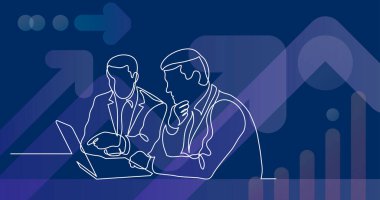 İki işadamı sürekli çizgi çizimi sırasında dizüstü bilgisayar ekranında iş projesini tartıştılar