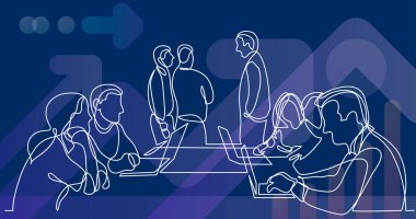 Toplantı odasında çalışma takımı tartışması - tek çizgi çizimi